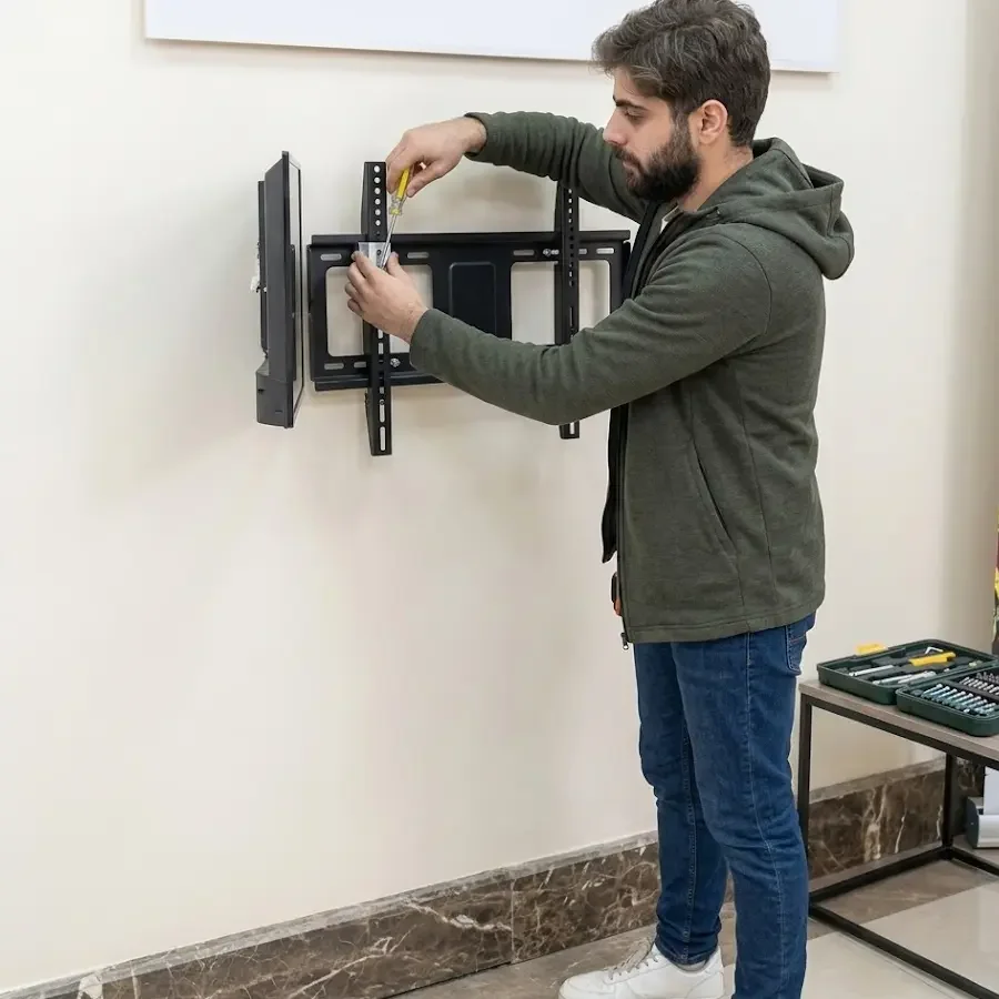 فني تركيب ستاندات فني تركيب ستاندات شاشة يقوم بتثبيت تلفزيون على الحائط داخل منزل في الكويت باستخدام أدوات احترافية