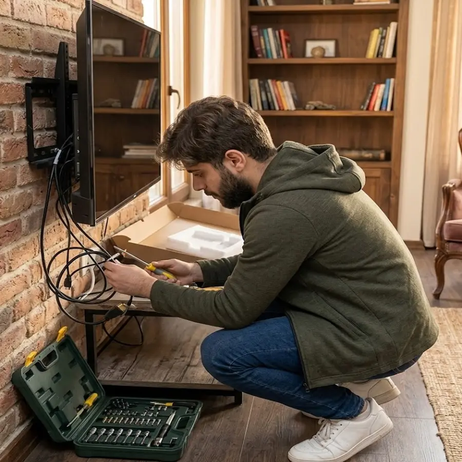 تركيب ستاند تلفزيون جداري تركيب ستاند تلفزيون جداري مع تثبيت الشاشة وضبط المستوى باستخدام أدوات دقيقة