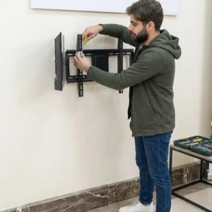 فني تركيب ستاند شاشة يقوم بتثبيت تلفزيون على الحائط داخل منزل في الكويت باستخدام أدوات احترافية
