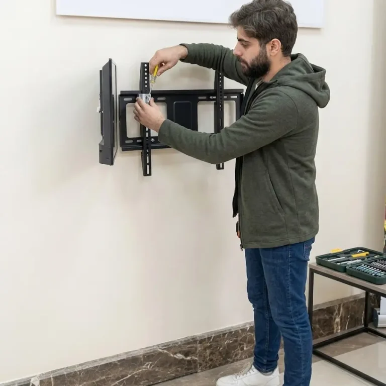 فني تركيب ستاند شاشة يقوم بتثبيت تلفزيون على الحائط داخل منزل في الكويت باستخدام أدوات احترافية