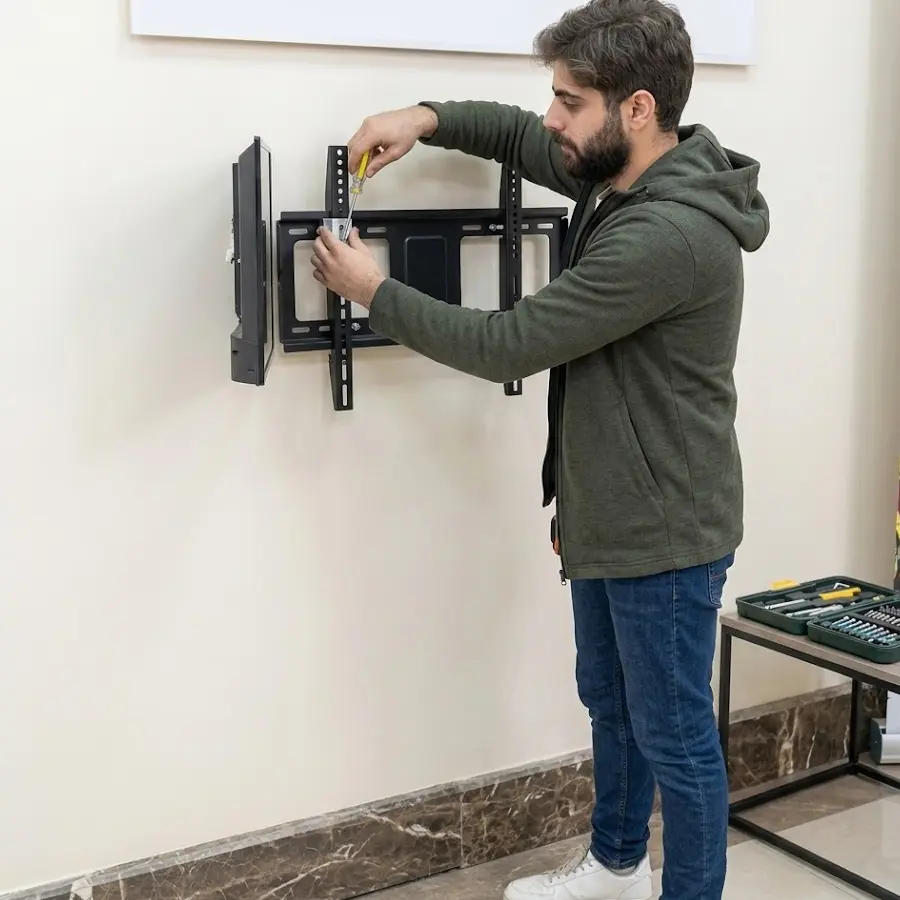 فني تركيب ستاندات فني تركيب ستاندات شاشة يقوم بتثبيت تلفزيون على الحائط داخل منزل في الكويت باستخدام أدوات احترافية